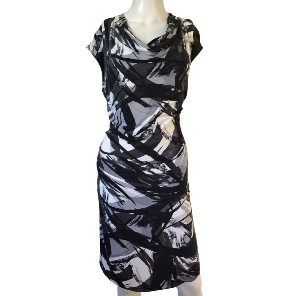 Michael Kors Dress Woman Small Black White Abstract Blouson Sleeveless Cowl Neck